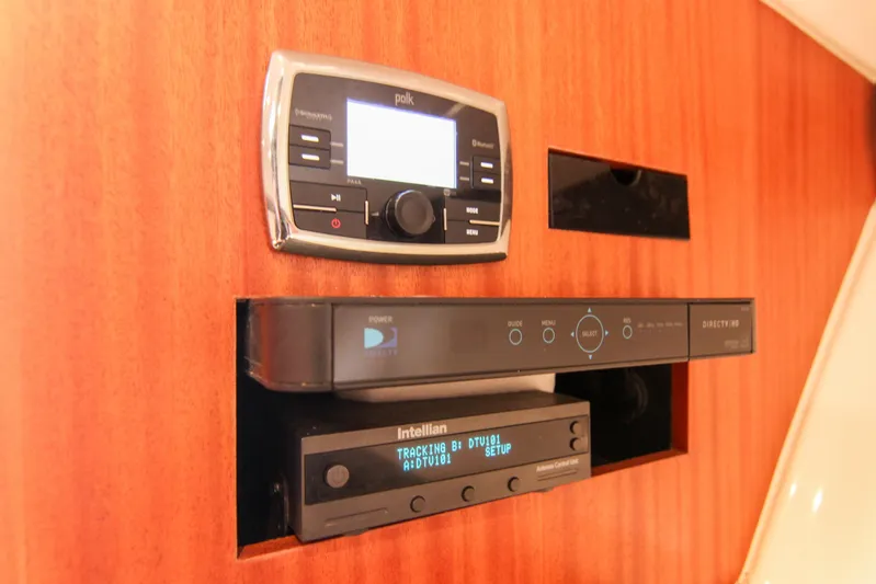  Yacht Photos Pics 2016 Pursuit OS 385 Offshore entertainment system with Polk audio and DirecTV setup.