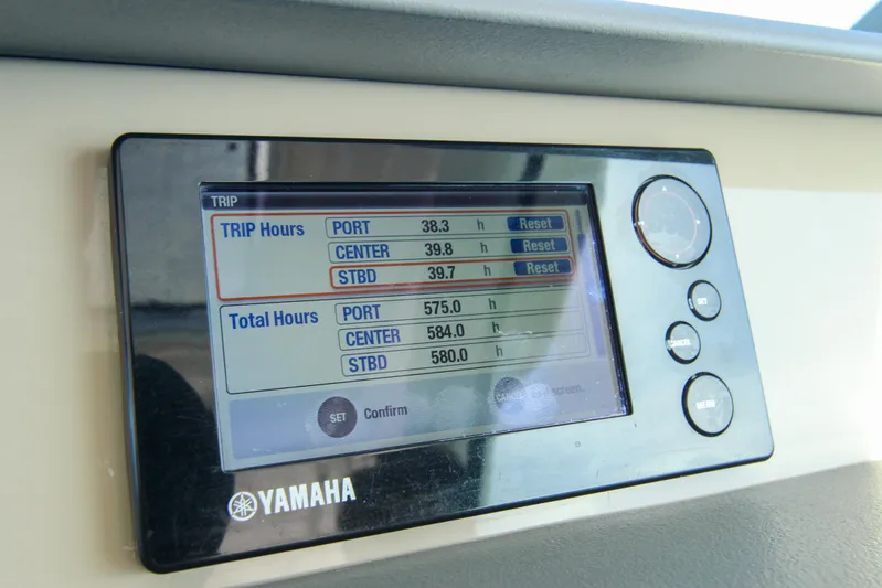  Yacht Photos Pics Yamaha display showing trip and total hours on a 2016 Pursuit OS 385 Offshore.