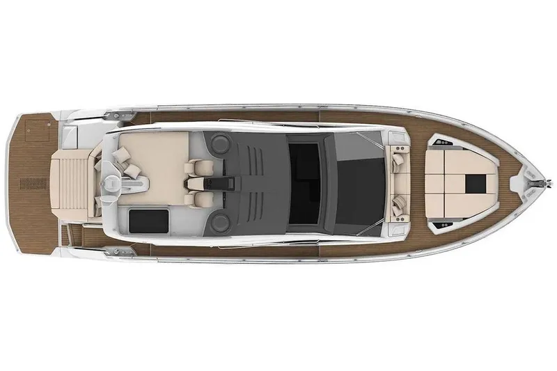 Curly Yacht Photos Pics Top view of 2021 Cranchi E52S yacht, showcasing spacious deck and seating areas.