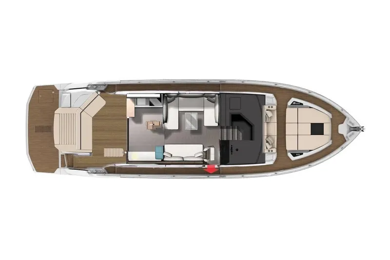 Curly Yacht Photos Pics Top view layout of 2021 Cranchi E52S yacht, showcasing interior and deck design.