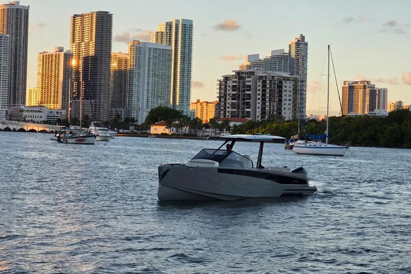 Virtue Yacht Photos Pics 2026 Virtue V10 boat cruising near city skyline at sunset.