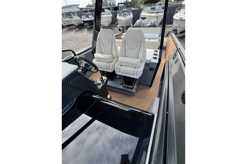 Virtue Yacht Photos Pics Interior of 2026 Virtue V10 boat with luxurious seating and modern design.