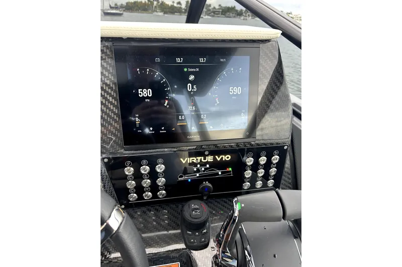 Virtue Yacht Photos Pics Dashboard of 2026 Virtue V10 boat with digital display and controls.