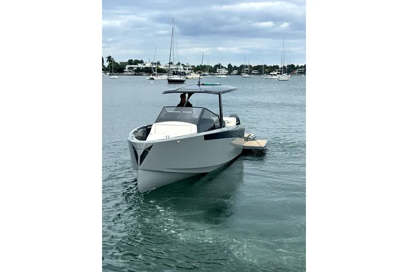 Virtue Yacht Photos Pics 2026 Virtue V10 boat on calm water with overcast sky.