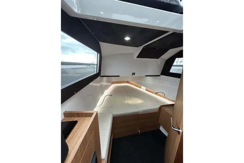 Virtue Yacht Photos Pics Interior cabin of 2026 Virtue V10 boat, featuring sleek design and modern amenities.