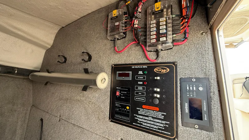 Aletha P Llc Yacht Photos Pics Electrical panel of 2016 Grady-White Freedom 307 boat, featuring circuit breakers and wiring.