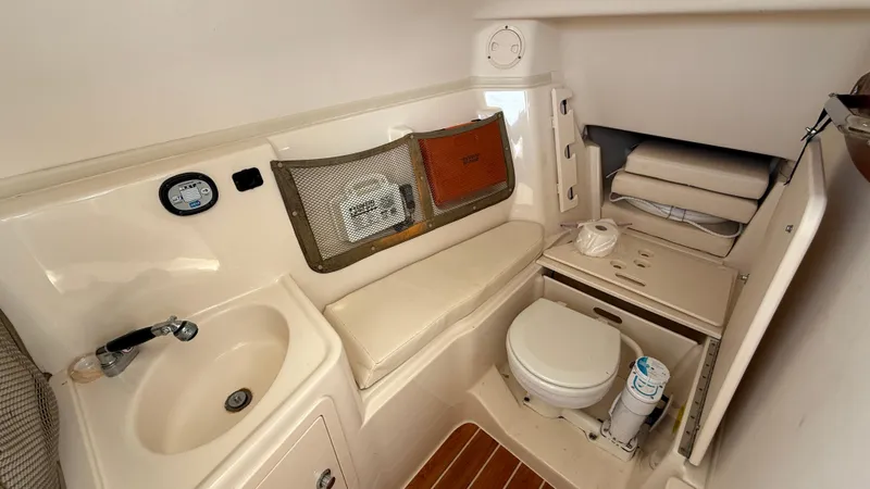 Aletha P Llc Yacht Photos Pics 2016 Grady-White Freedom 307 boat interior with sink, toilet, and seating area.