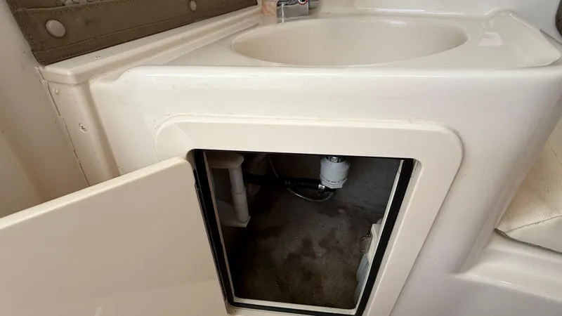 Aletha P Llc Yacht Photos Pics 2016 Grady-White Freedom 307 boat interior with open storage compartment and sink.