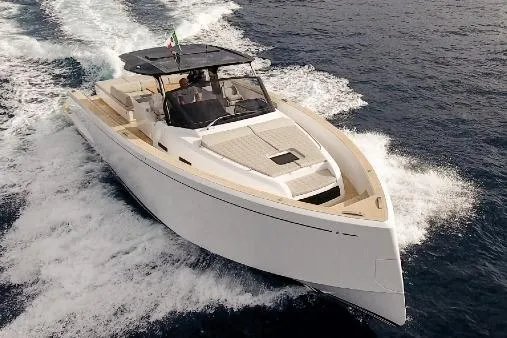  Yacht Photos Pics 2023 Pardo Yachts 50 cruising on open water, showcasing sleek design and luxury features.