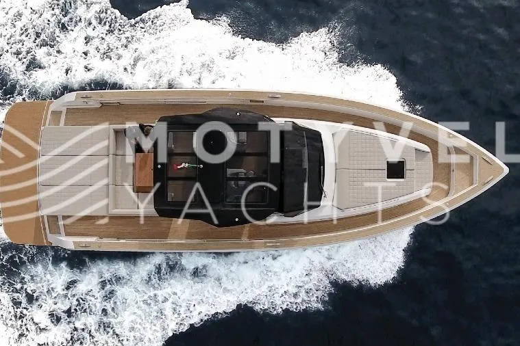  Yacht Photos Pics 2023 Pardo Yachts 50 cruising on open water, aerial view.