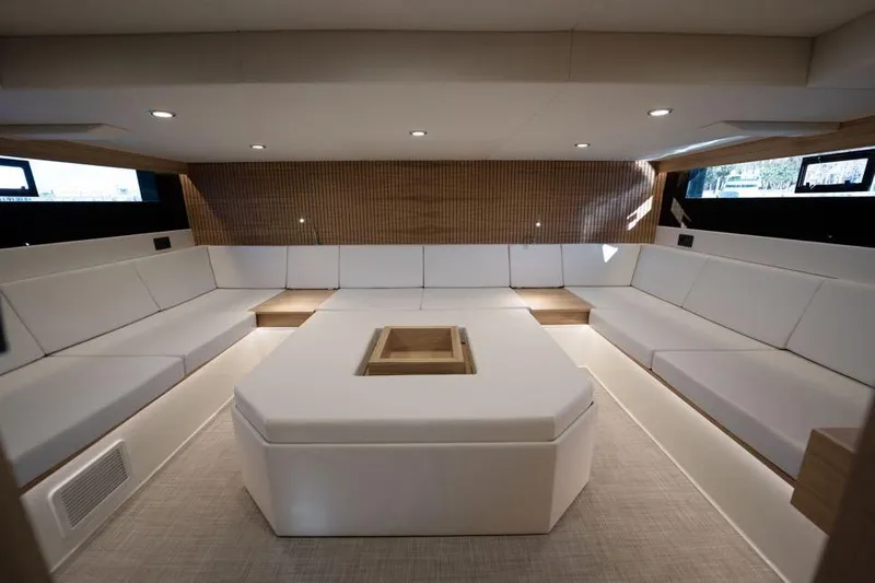  Yacht Photos Pics Luxurious interior of 2025 De Antonio Yachts D50 with modern seating and elegant design.