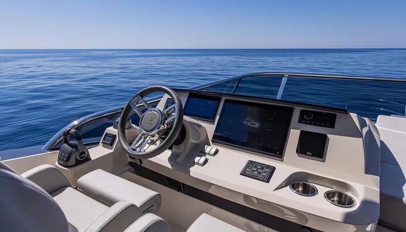  Yacht Photos Pics 2024 Absolute 56 FLY yacht helm with modern controls and ocean view.