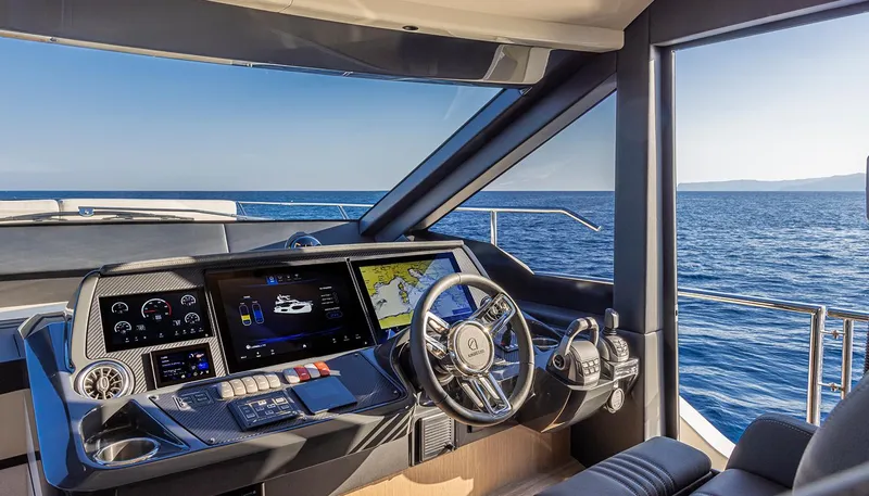  Yacht Photos Pics Luxurious helm of 2024 Absolute 56 FLY yacht with ocean view.