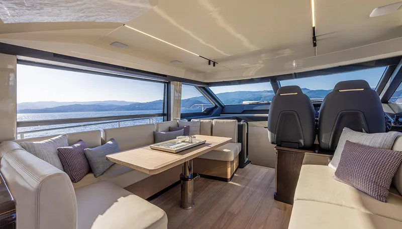  Yacht Photos Pics Luxurious interior of 2024 Absolute 56 FLY yacht with panoramic sea views.