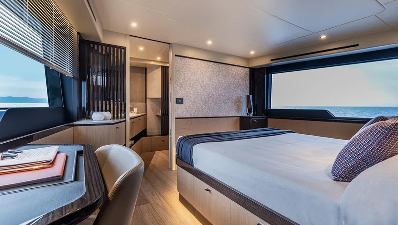  Yacht Photos Pics Luxurious interior of 2024 Absolute 56 FLY yacht with ocean view.