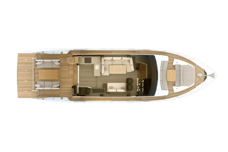  Yacht Photos Pics Top view of 2024 Absolute 56 FLY yacht interior layout, showcasing seating and helm areas.