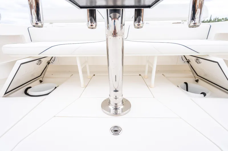  Yacht Photos Pics 2024 SeaVee 420Z boat interior with open storage compartments and sleek design.