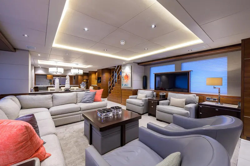 Lacey Kay Yacht Photos Pics Luxurious interior of 2017 Nordhavn 96 yacht with modern furnishings and ambient lighting.