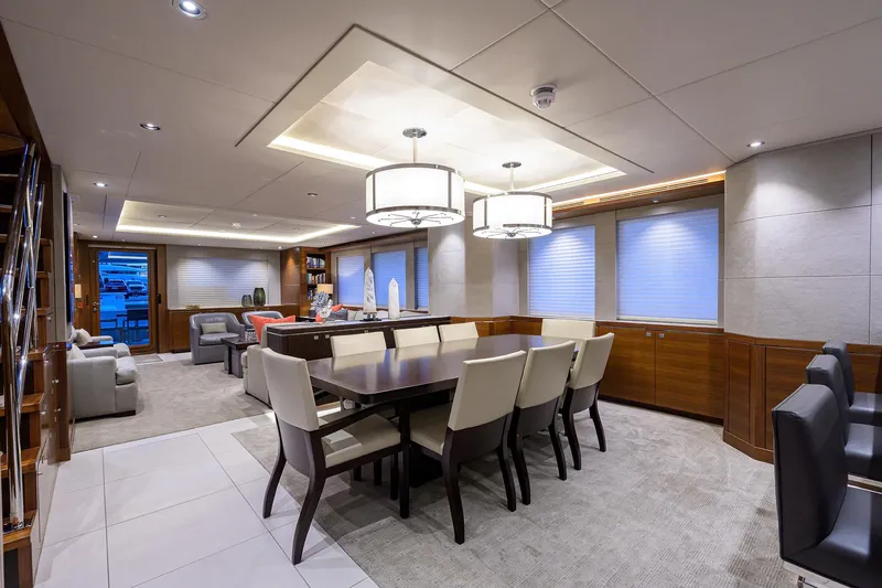 Lacey Kay Yacht Photos Pics Luxurious interior of 2017 Nordhavn 96 yacht with modern dining and living area.