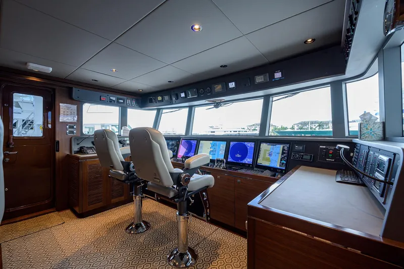 Lacey Kay Yacht Photos Pics Pilothouse of 2017 Nordhavn 96 yacht with advanced navigation systems.