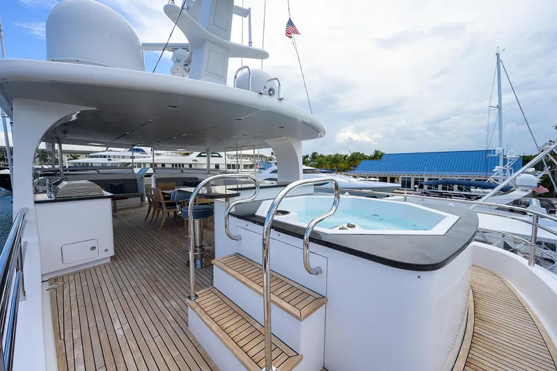 Lacey Kay Yacht Photos Pics Luxurious 2017 Nordhavn 96 yacht deck with hot tub and seating area.