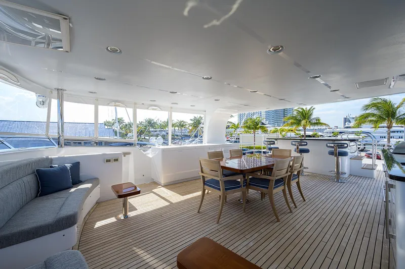 Lacey Kay Yacht Photos Pics Spacious deck of 2017 Nordhavn 96 yacht with seating and dining area.