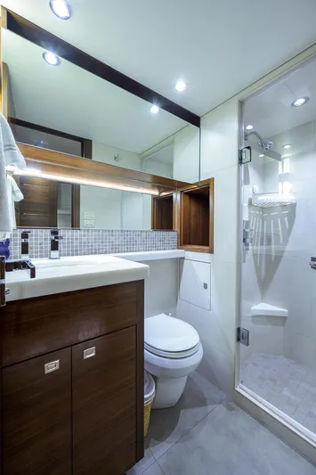 Lacey Kay Yacht Photos Pics 2017 Nordhavn 96 yacht bathroom with modern fixtures and glass shower.