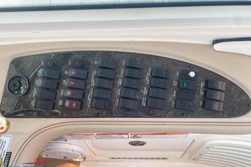  Yacht Photos Pics Control panel of a 2007 Sea Ray 52 Sundancer boat with labeled switches.