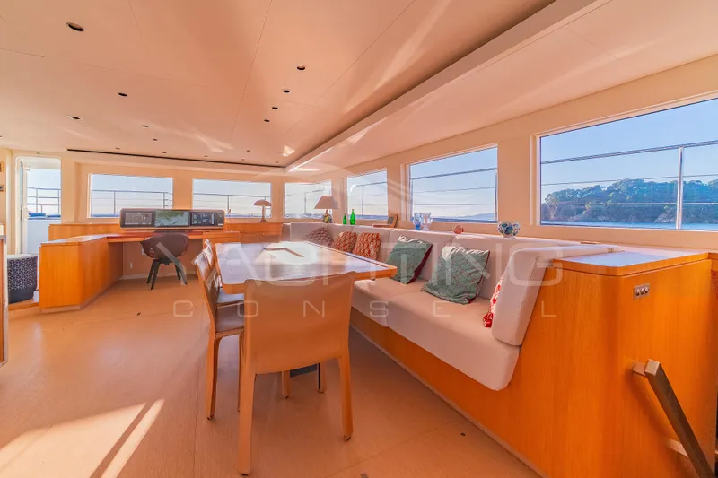 4ever Yacht Photos Pics Luxurious interior of 2022 JFA Yachts LONG ISLAND 78 POWER with elegant seating and panoramic windows.