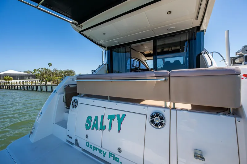  Yacht Photos Pics 2017 Sea Ray Sundancer 400 yacht docked, featuring "Salty" name on the stern.