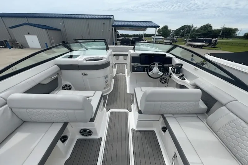  Yacht Photos Pics 2024 Sea Ray SDX 290 Outboard boat interior with modern seating and sleek design.