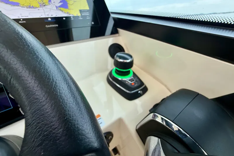  Yacht Photos Pics 2023 Scout 350 LXZ helm with Garmin display and joystick control.