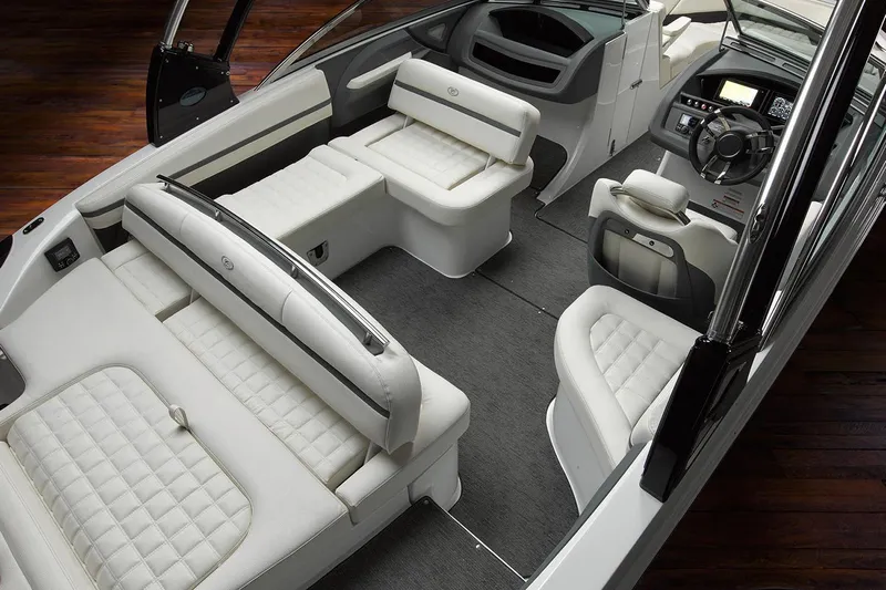  Yacht Photos Pics Manufacturer Provided Image: 2019 Cobalt R3 boat interior with luxurious white seating and modern dashboard.