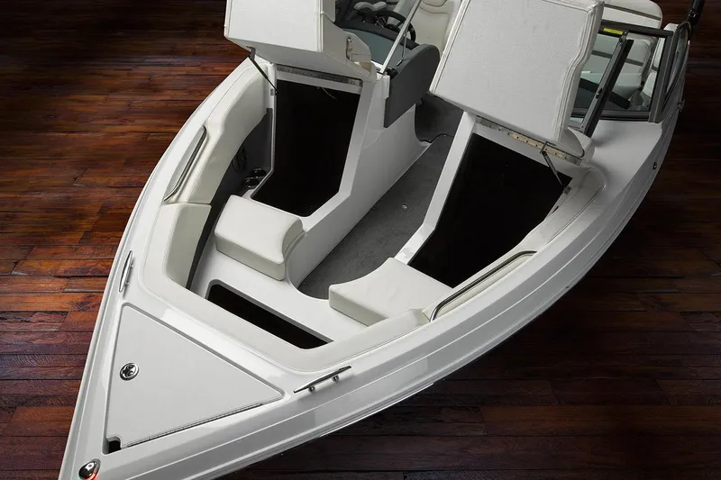  Yacht Photos Pics Manufacturer Provided Image: 2019 Cobalt R3 boat interior with white seating on wooden floor.