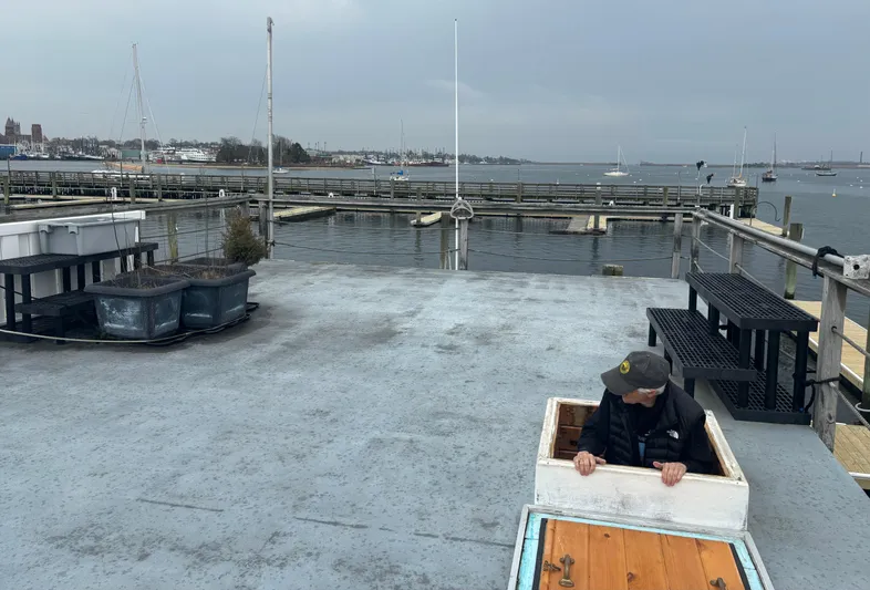  Yacht Photos Pics Man emerging from hatch on 1990 custom houseboat deck, overlooking marina with boats and docks.
