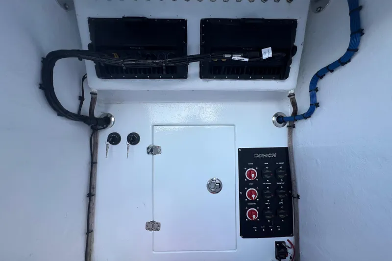 Pamela Ann Yacht Photos Pics Electrical panel and wiring inside a 2017 Conch 30 boat.