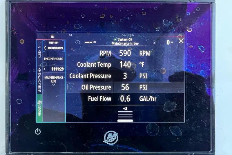 Pamela Ann Yacht Photos Pics Engine display showing RPM, coolant temperature, pressure, and fuel flow for 2017 Conch 30.