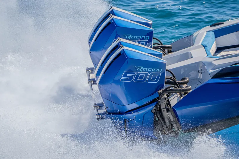  Yacht Photos Pics 2026 Nor-Tech 4000 Super Catamaran with dual Racing 500 engines on water.
