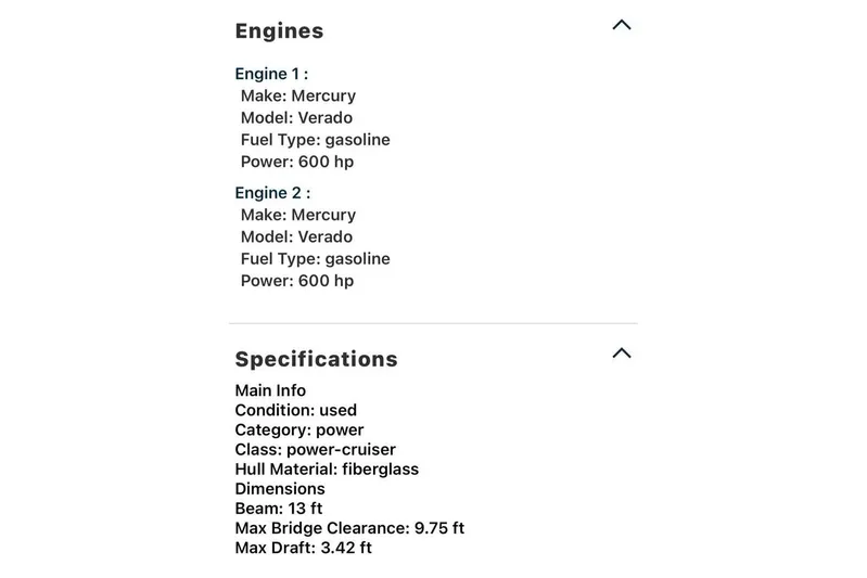 Motivated!! Only 113 Hours Yacht Photos Pics 2023 Tiara Yachts 43 LE specifications: twin Mercury Verado engines, 600 hp each, fiberglass hull.