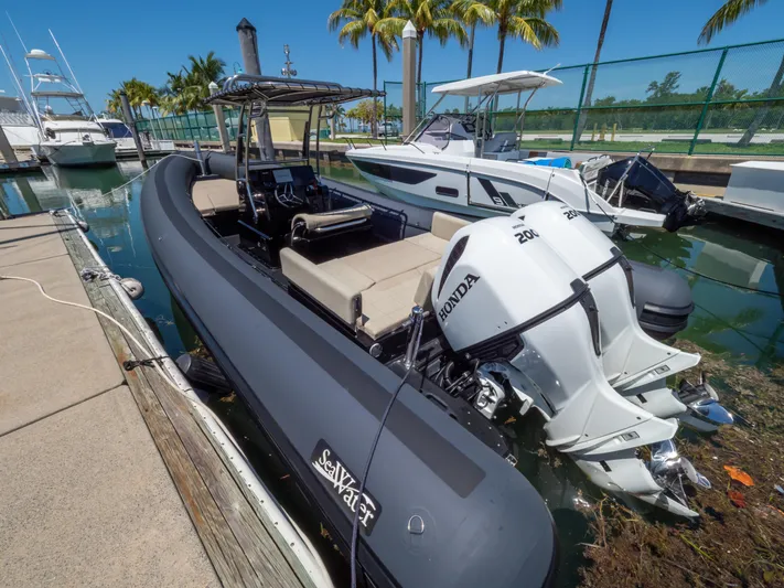  Yacht Photos Pics 2023 Sea Water PHANTOM 280 boat docked with dual Honda outboard engines.