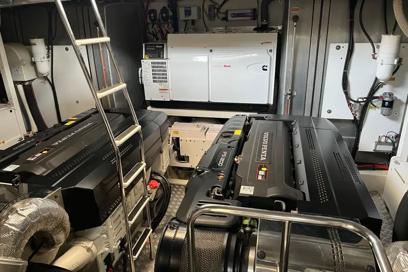  Yacht Photos Pics Engine room of a 2017 Prestige 680 yacht with Volvo Penta engines and Cummins generator.
