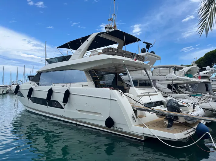  Yacht Photos Pics Luxury 2017 Prestige 680 yacht docked in marina under blue sky.