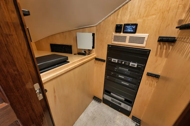  Yacht Photos Pics 2019 Viking 80 Convertible yacht interior with modern control panel and equipment.