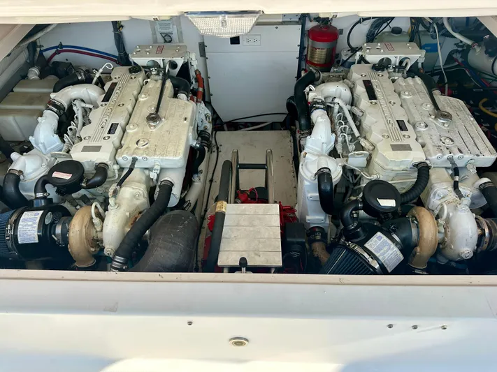  Yacht Photos Pics Engine compartment of a 2005 Tiara Yachts 3600 Open, showcasing dual inboard engines.