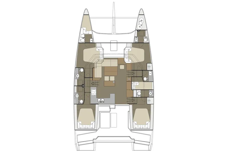  Yacht Photos Pics Floor plan of 2020 Dufour Catamarans 48, showcasing cabin and layout design.