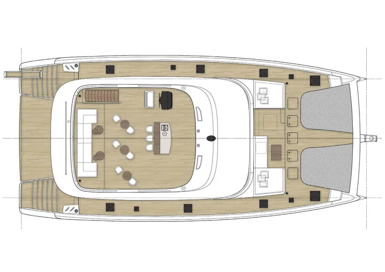  Yacht Photos Pics Top view of 2025 Sunreef 80 yacht layout, featuring spacious deck and seating areas.