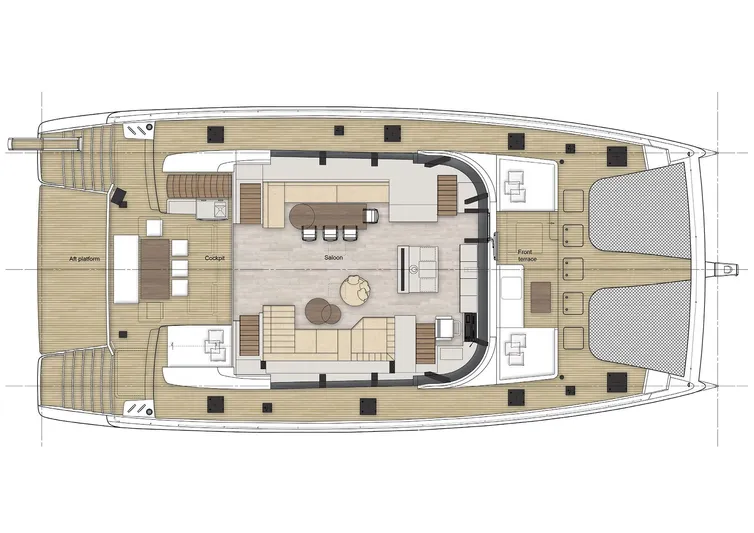  Yacht Photos Pics Floor plan of 2025 Sunreef 80 yacht, featuring spacious deck and modern interior layout.