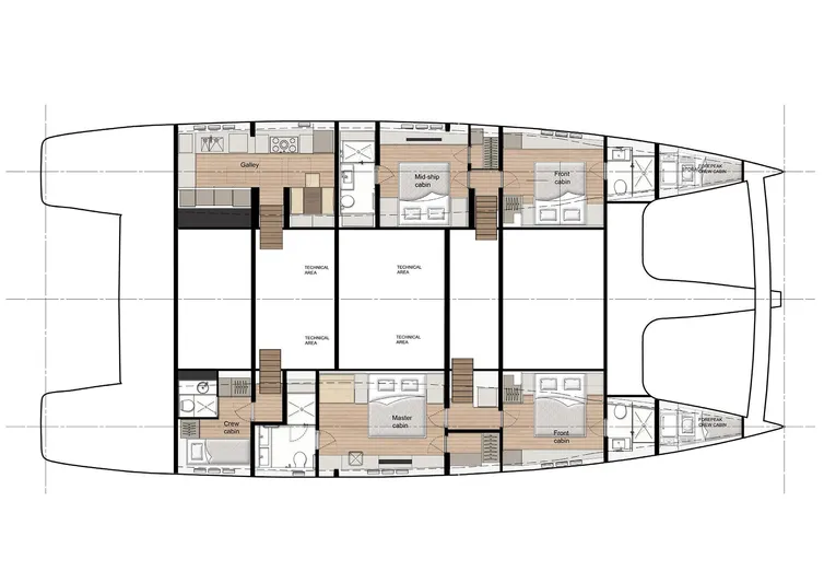  Yacht Photos Pics Floor plan of 2025 Sunreef 80 catamaran, showcasing spacious cabins and modern amenities.