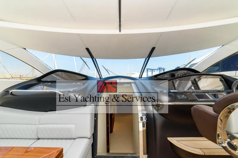  Yacht Photos Pics Interior view of 2004 Sunseeker Predator 68 yacht cockpit with modern controls.