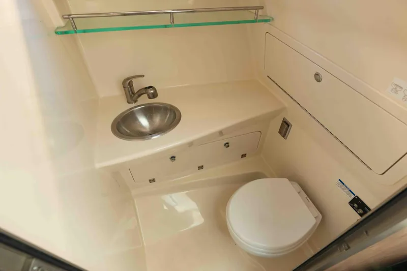  Yacht Photos Pics 2016 Boston Whaler 285 Conquest Pilothouse bathroom with sink and toilet.